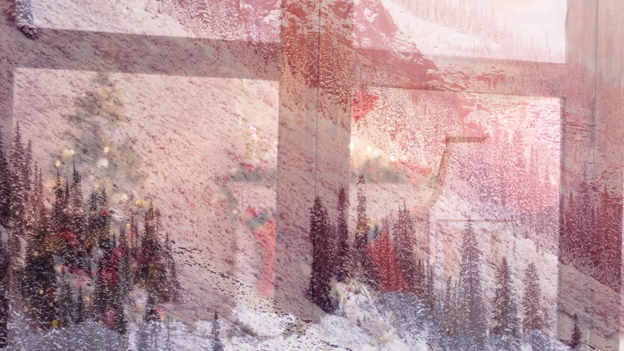 창문을 통해 볼 수 있는 겨울 풍경의 애니메이션 크리스마스 장식