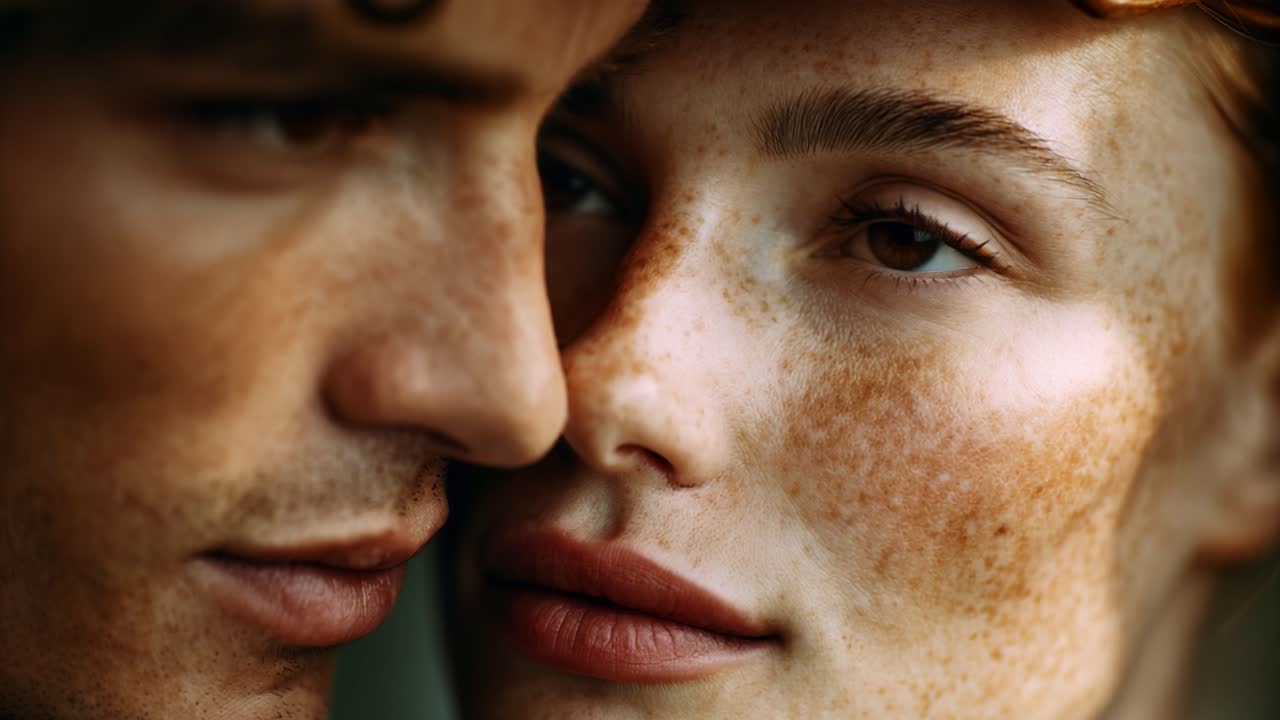 Intimate Connection: A Close-Up of Two Faces Reflecting Tenderness and Affection Through Their Expressions and Prominent Features, Capturing a Moment of Pure Emotion