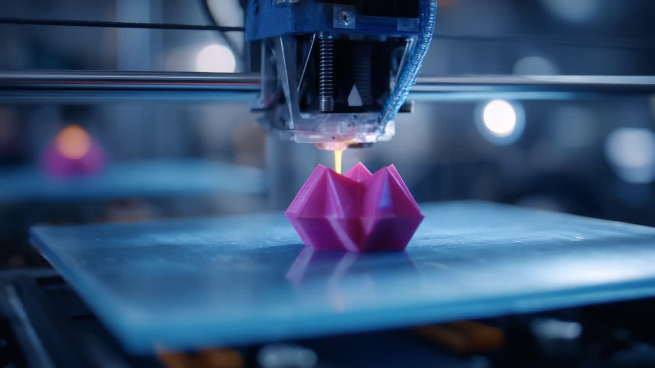 A Close-Up Look at a 3D Printer in Action Demonstrating the Printing Process of a Vibrant Pink Object on the Build Platform