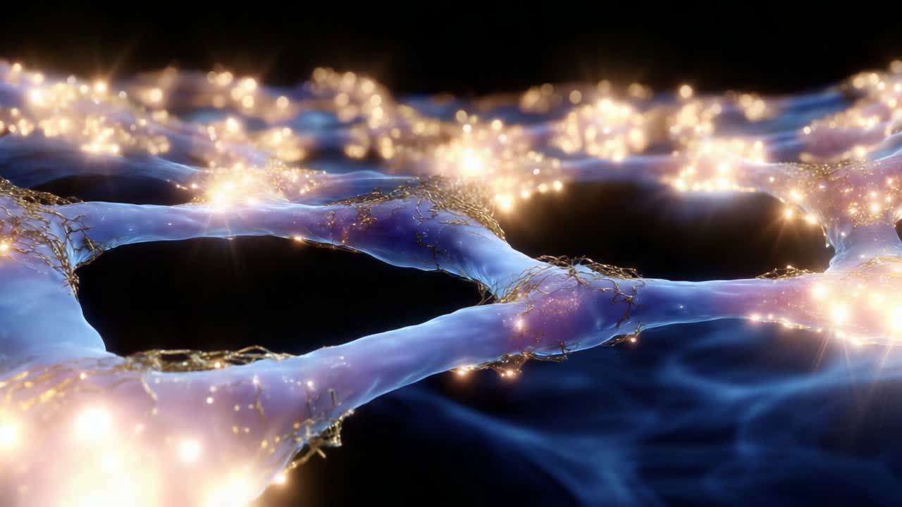 A Stunning Visualization of Cosmic Structures with Twinkling Stars and Ethereal Fluidity, Revealing an Intricate Network of Energetic Pathways and Celestial Lights in a Dark Universe Setting