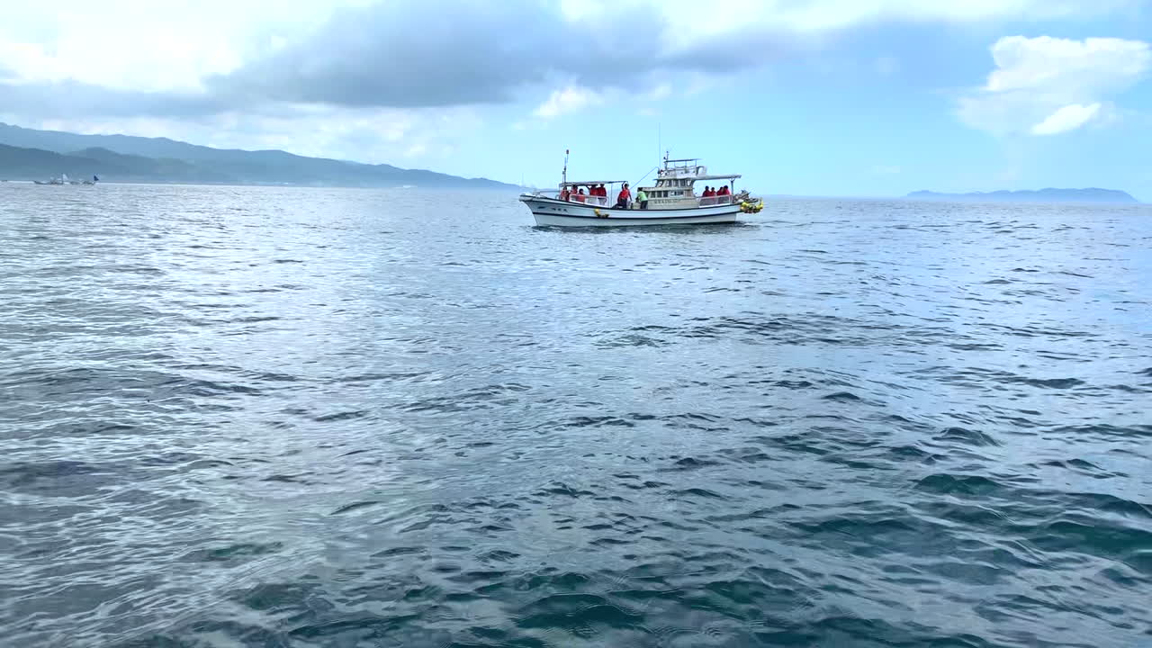 Tourists passenger boat anchored in Amakusa Dolphin bay in Japan waiting to see dolphins during the day