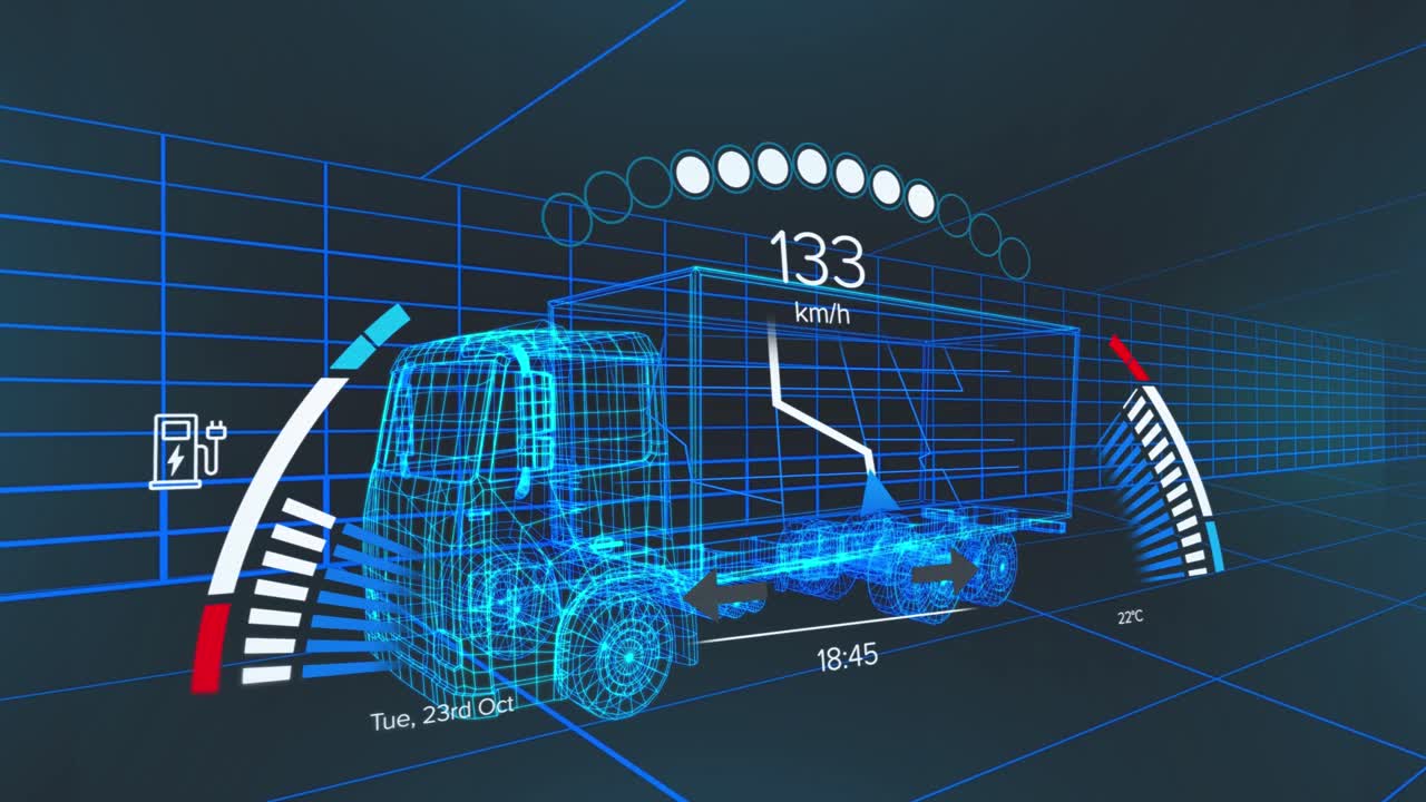 디지털 트럭 위의 자동차 패널의 애니메이션