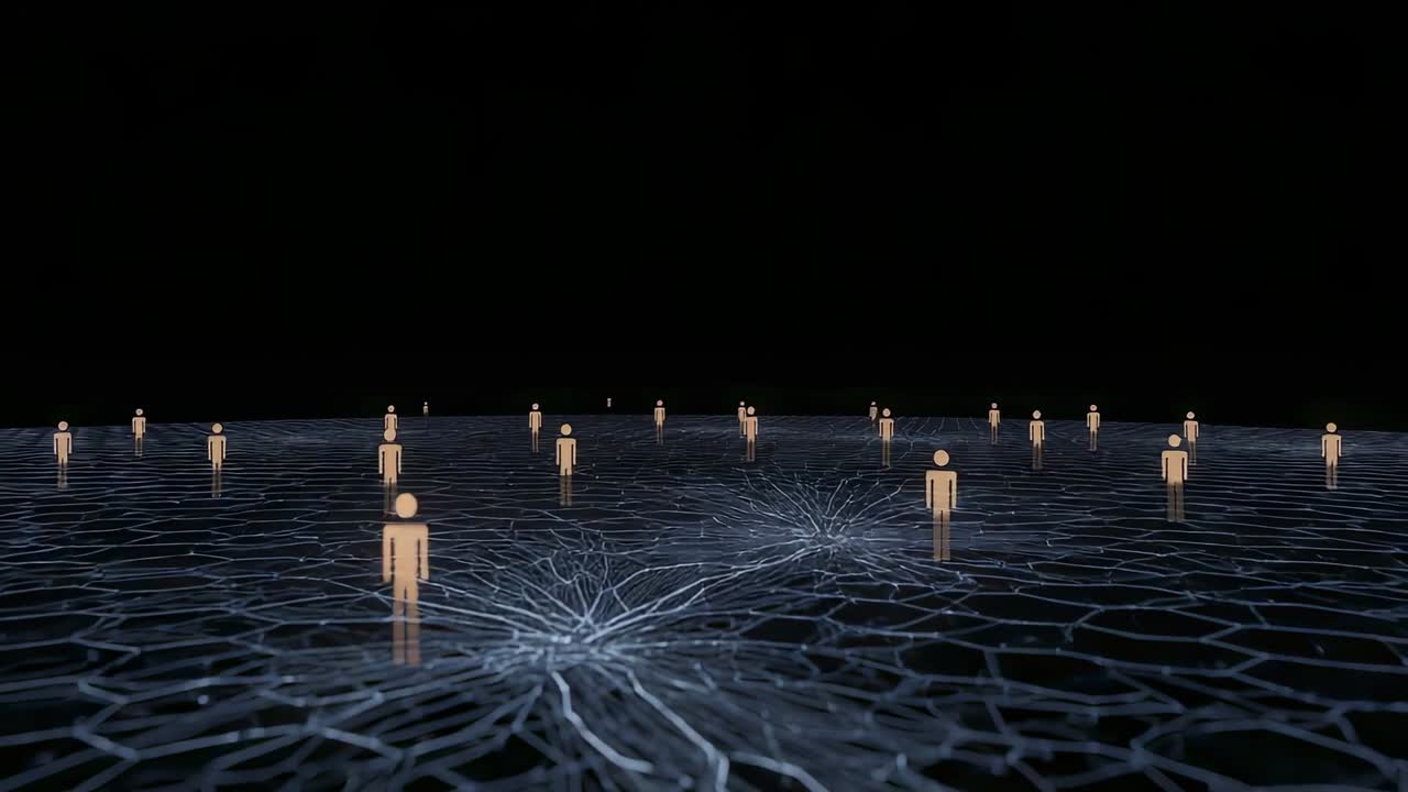 Advancing camera revealing beige icons enlarging on glowing mesh, showing brighter central node