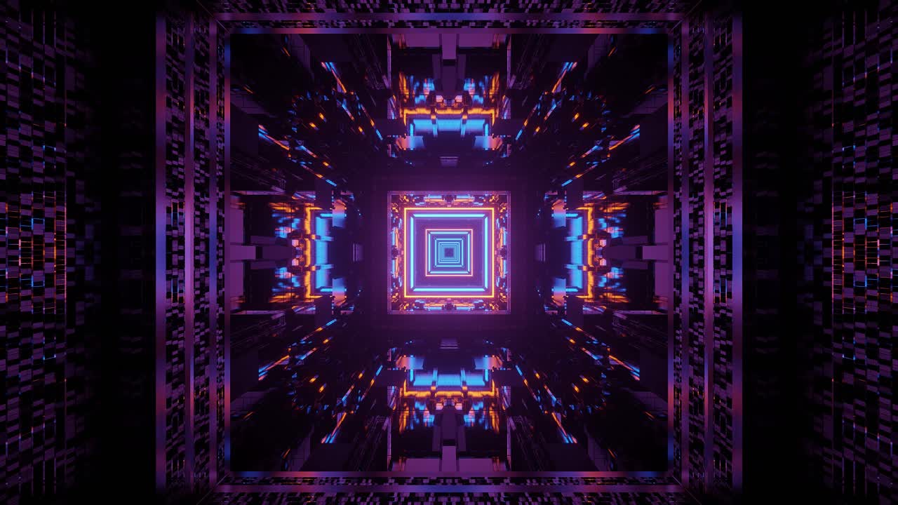 Computerized animation of highly reflective and colorful squares emitting from the center