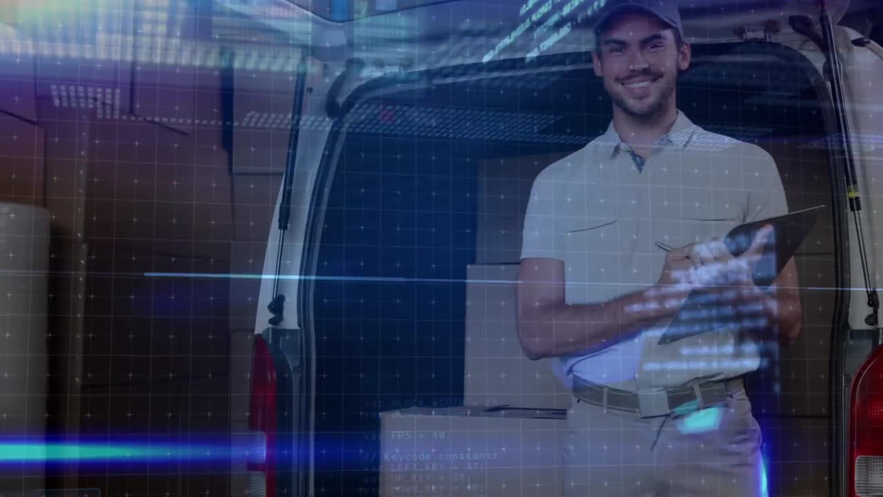 animación del procesamiento de datos sobre un mensajero caucásico masculino