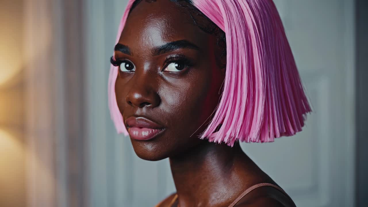 Woman applying makeup with pink wig