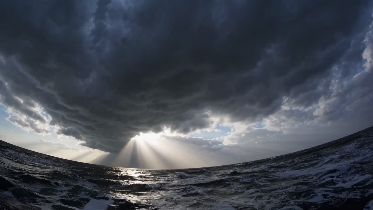 Ripresa video drammatica dal basso angolo di nuvole tempestose sopra un mare in tempesta, che cattura i raggi del sole che squarciano le nubi