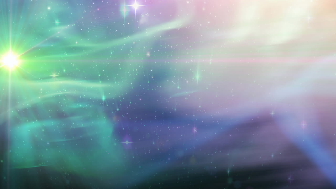 animación de manchas verdes brillantes y estrellas en el universo rosa, verde y púrpura