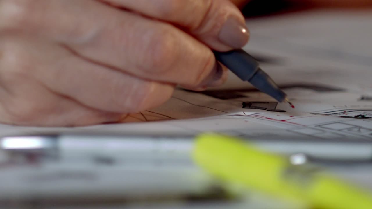 청사진 계획을 조정하는 여성 건축가 및 인테리어 디자이너의 손 - 고립된 가까이