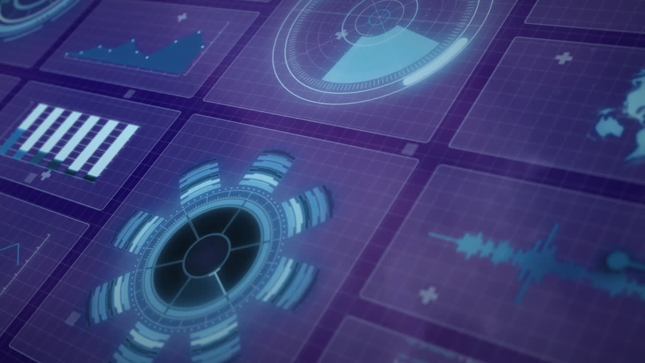 Animation of data processing and diagrams over blue background