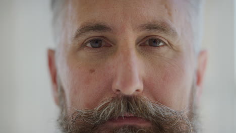 portrait close up of mature man looking at camera serious calm caucasian senior male with stylish beard slow motion