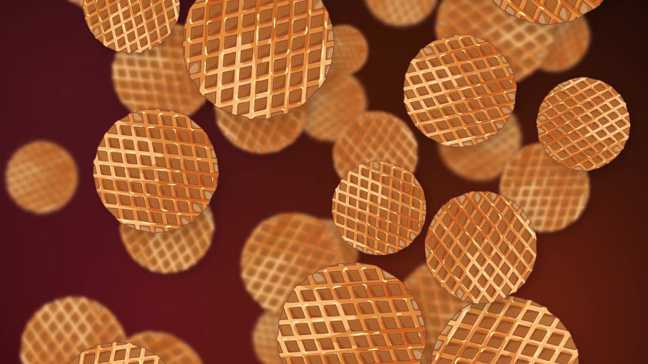 Biscotti waffle dorati cadono continuamente su uno sfondo a rete sfumata rosso scuro