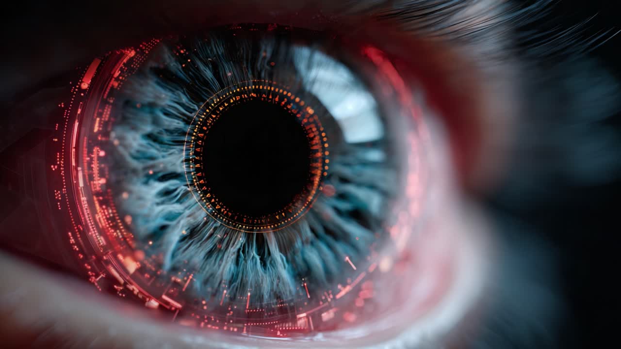Intricate Close-Up of a Futuristic Eye Displaying Digital Patterns and Vibrant Colors with Complex Design Elements, Illustrating a Fusion of Biology and Technology