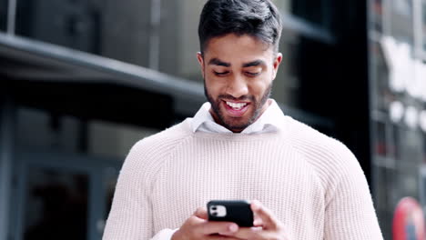 Phone,-typing-and-man-smile-in-city