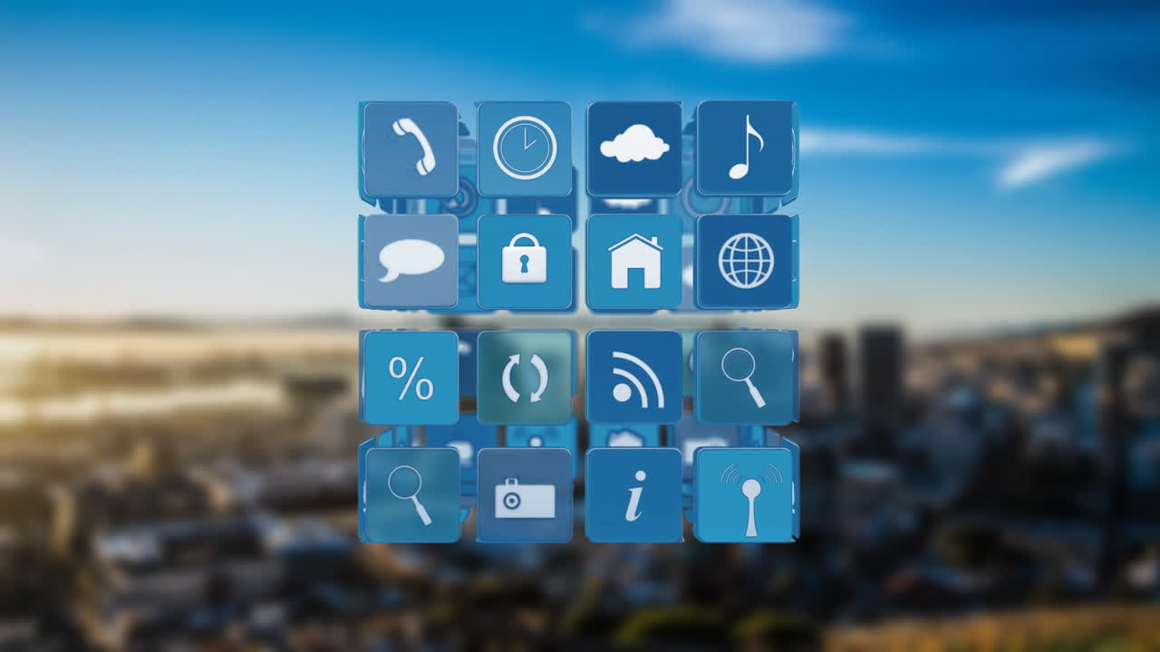 흐릿한 도시 풍경 배경 위에 애니메이션 앱 아이콘