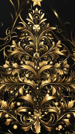 a beautifully decorated christmas tree with gold leaves and a gold star on top. the tree is surrounded by gold and black decorations, giving it a luxurious and festive appearance