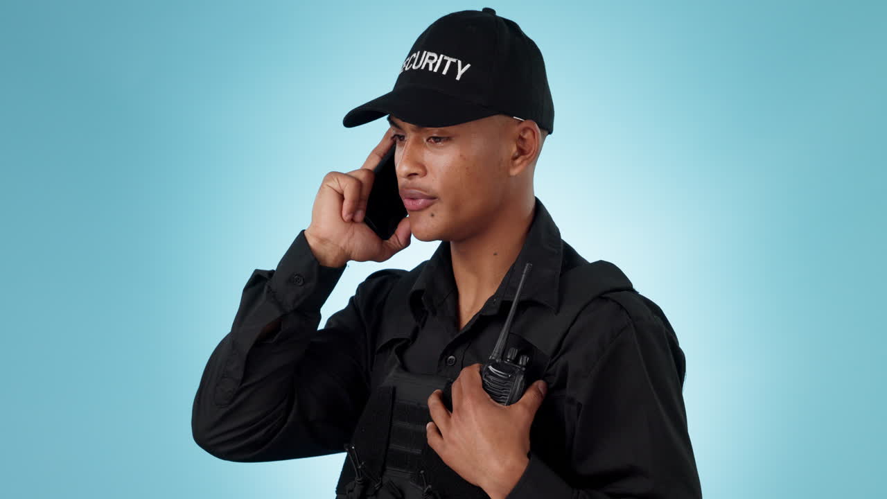 Security guard, studio phone call and man talking