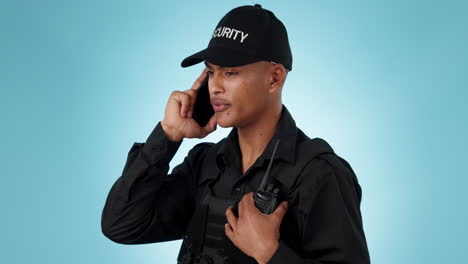 Security-guard,-studio-phone-call-and-man-talking