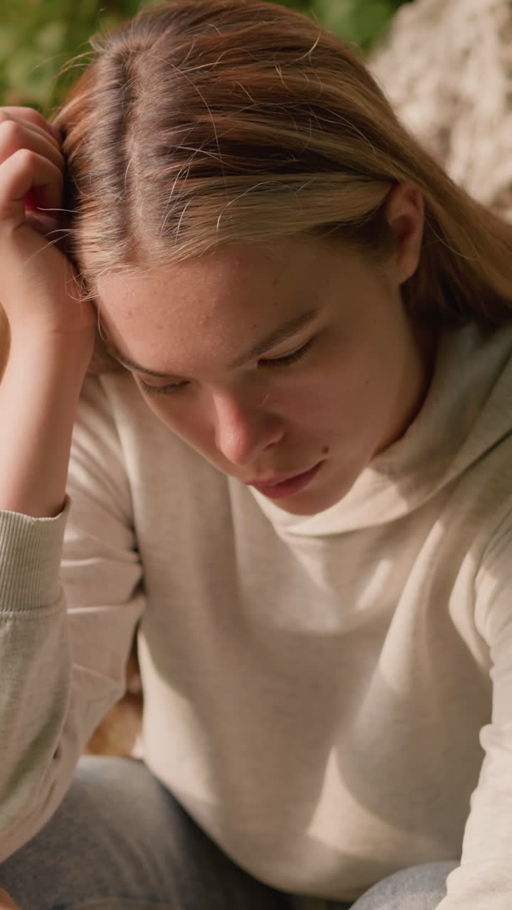 молодая женщина сидит на земле с головой, опирающейся на левую руку и правую руку на колено, кажущаяся глубоко потерянной, хотя на фоне коры деревьев и зелени