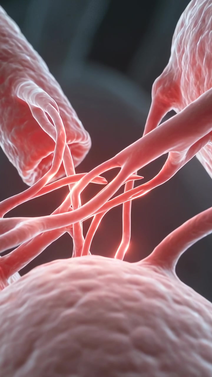 Video verticale: Hub neurale scintillante di sfere che invia segnali in vitro, mostrando il contatto dei filamenti