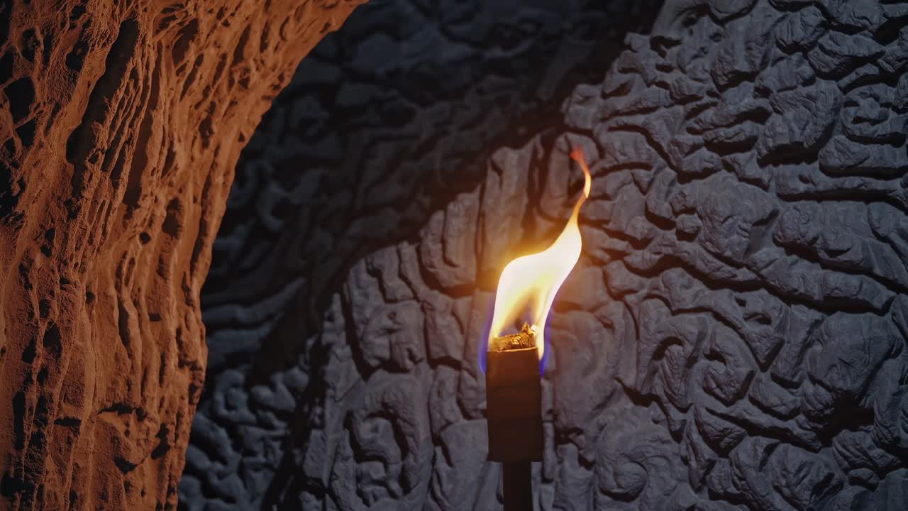 Close-up of a torch flame against a textured stone wall, captured at eye level