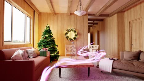 Línea-Brillante-Que-Se-Mueve-A-Través-De-Una-Sala-De-Estar-Decorada-Con-Navidad:-Diseño-De-Interiores-En-3D
