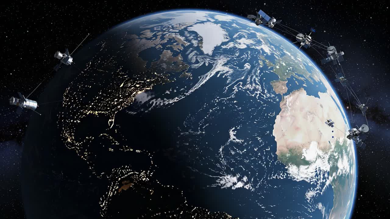An Awe-Inspiring View of Earth Captured from Space, Showcasing the Blue Planet Surrounded by Satellites and a Starry Background in a Stunning Digital Rendering