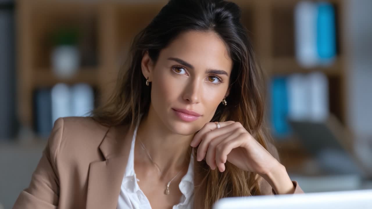 Donna Riflessiva in Abito da Lavoro al Laptop, che Mostra Concentrazione e Contemplazione in un Moderno Ambiente di Lavoro.