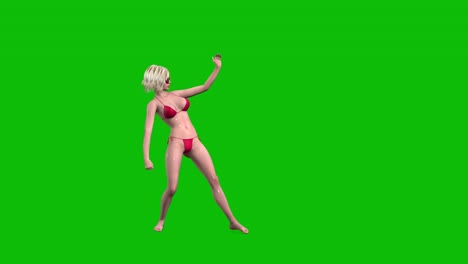 3D-female-character,-woman-with-blond-hair-and-wet-skin,-wearing-red-bikini-swimming-wear-and-sunglasses,-dancing-waves-style-on-green-screen,-3D-animation,-front-view