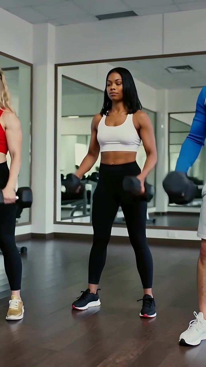 Vertical video: Gripping dumbbells, center woman performing curls in gym, white bra, black leggings