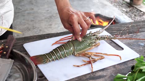 person preparing raw lobster ready to cook, clay stove burning background