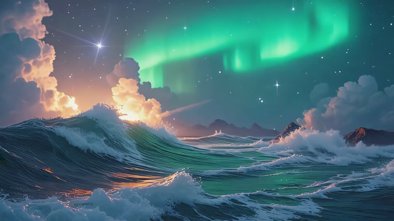 Aurora Borealis over the Ocean at Sunset