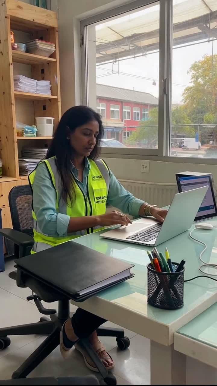 Indian Female Engineer Working on a Laptop in a Modern Office