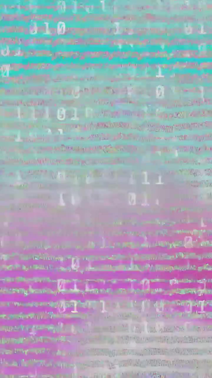 Vertical video: Glitch starting bands shifting with binary bits drifting and fading, showing glitch