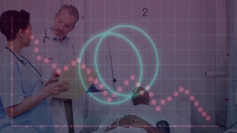 Animation-of-data-processing-and-shapes-over-patient-and-diverse-doctors-talking