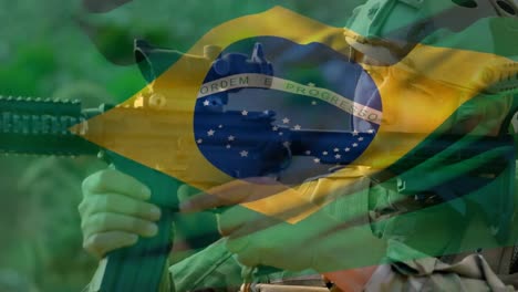 Animation-Der-Brasilianischen-Flagge-über-Einem-Kaukasischen-Männlichen-Soldaten,-Der-Mit-Einem-Gewehr-Zielt