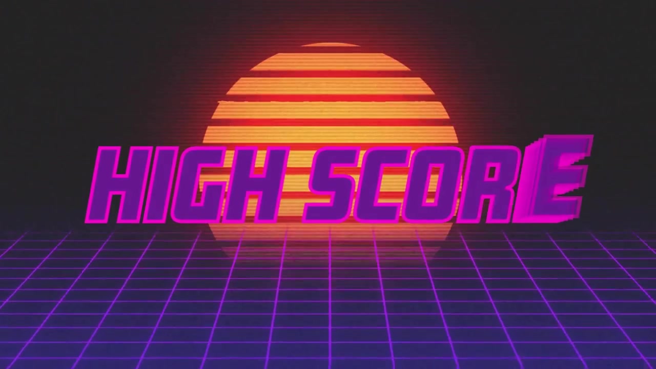 Etter soloppgang glir neon magenta høy poengsum-tekst over et trådrammenett og kunngjør en høy poengsum.