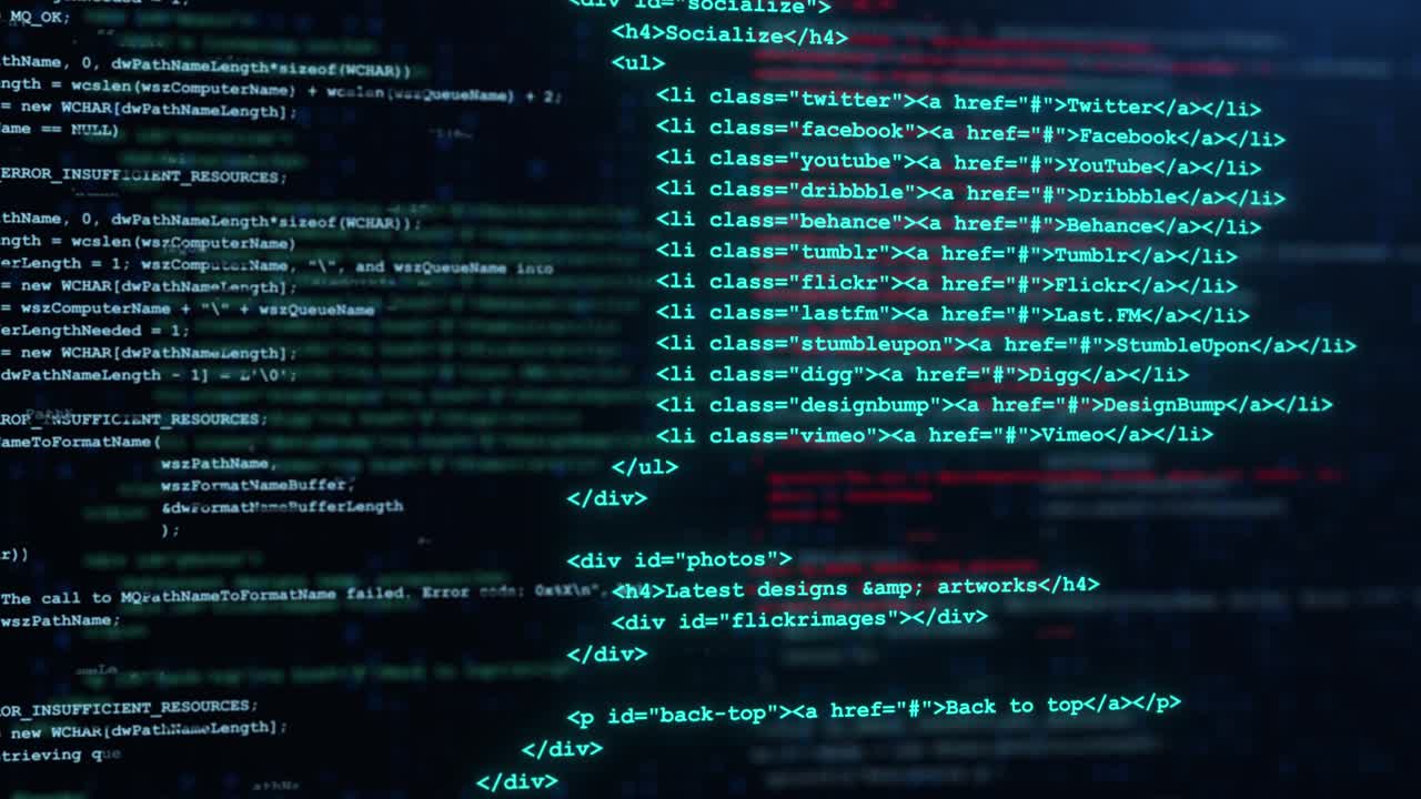 Developer is browsing html code on the computer screen loop animation html web page code scrolling
