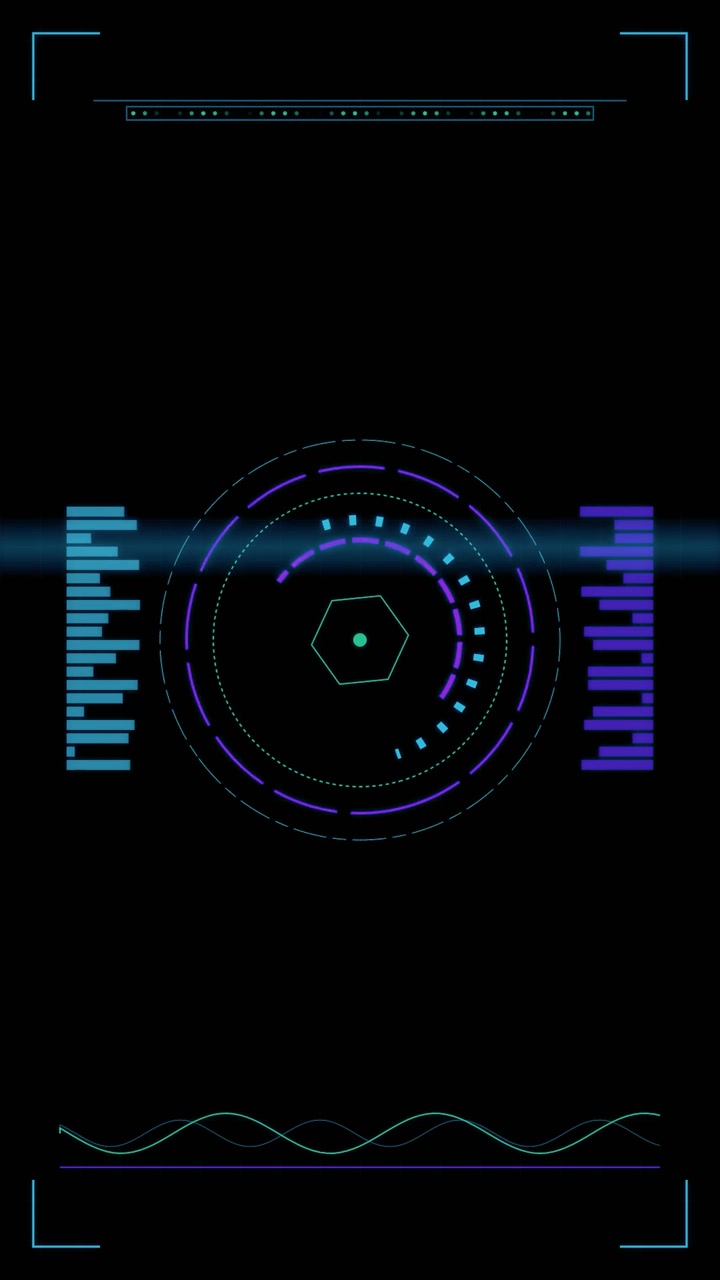 Interfaccia HUD digitale futuristica con elementi di dati circolari rotanti.