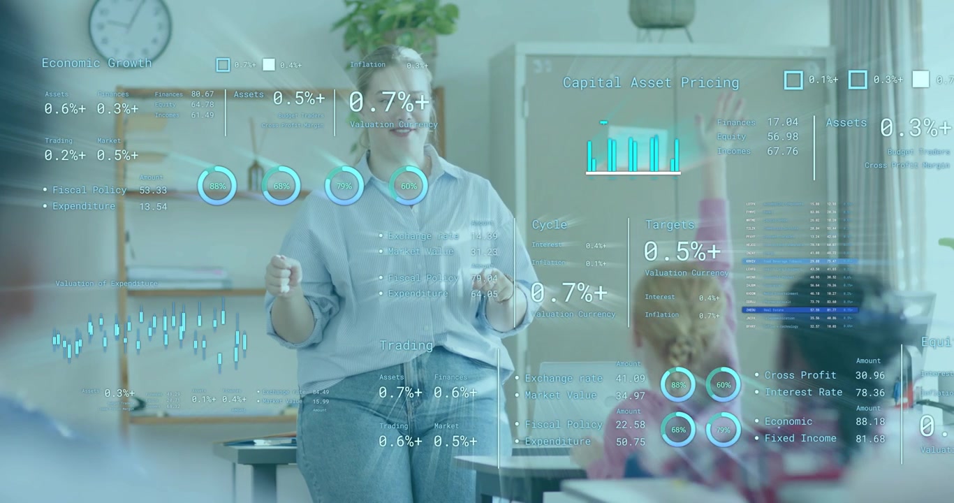 Teacher explaining economics upon graphs overlay appearing while student raising hand to answer