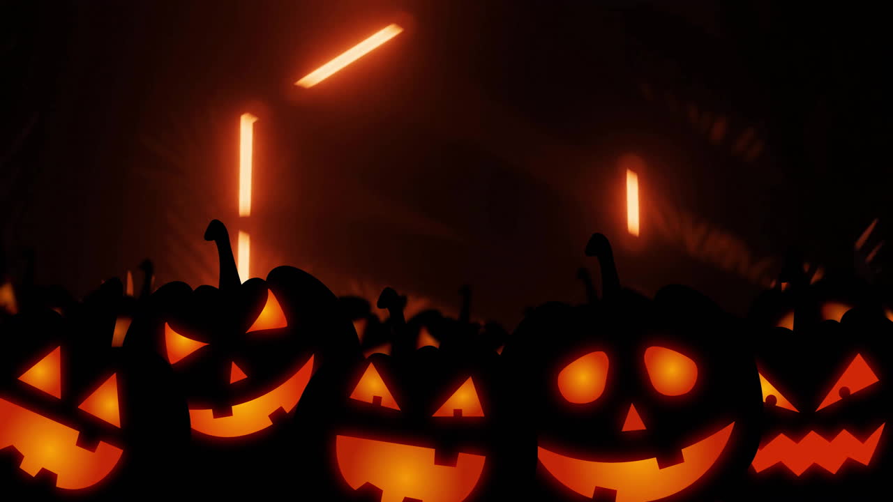 Animation of carved pumpkins and neon shapes on black background