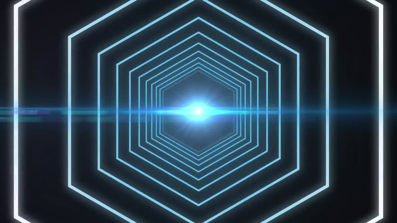 animación digital de formas hexagonales en movimiento sin fisuras contra un punto de luz sobre fondo negro