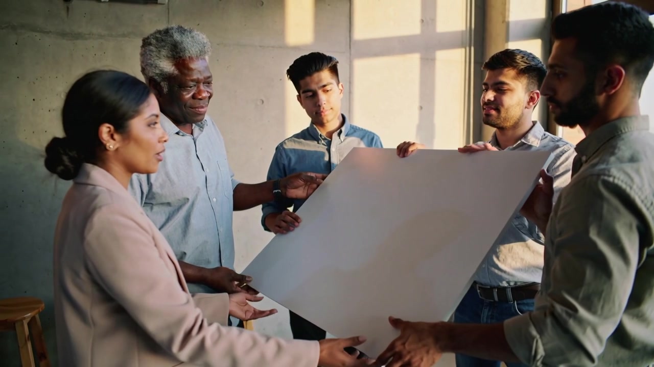 Woman pointing group of five professionals rotating blank panel in studio for review