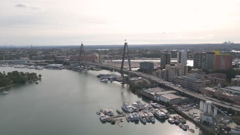 aerial view of anzac bridge over the sydney harbour marina