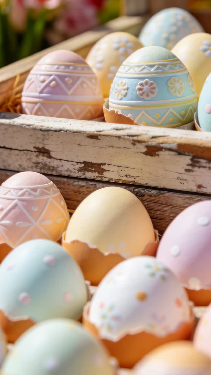 Vertical video: Tilting camera zooming focusing mid-row egg on table showing cracked shells, crate