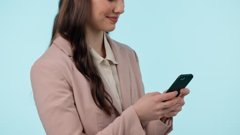 phone, communication and businesswoman in studio