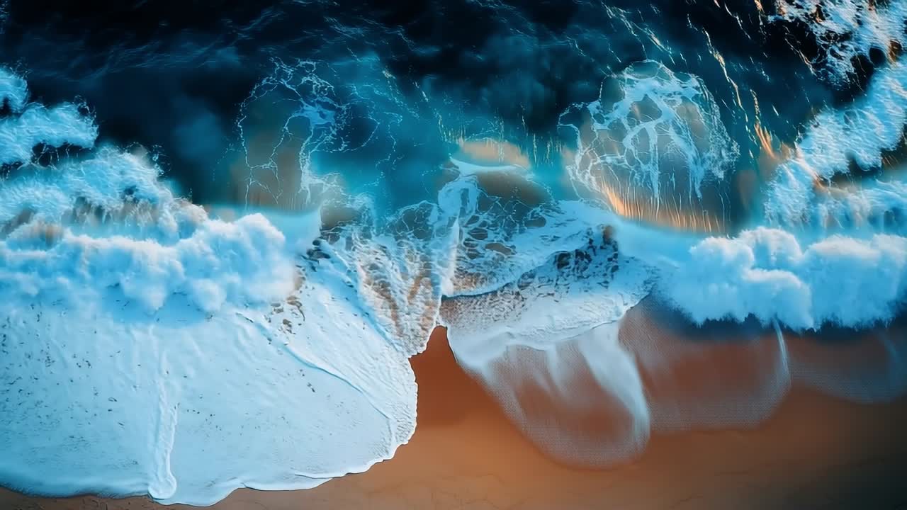 Waves crashing on sandy shore at sunset. Ocean waves roll onto a sandy beach, with vibrant blue water reflecting sunset colors in the distance.