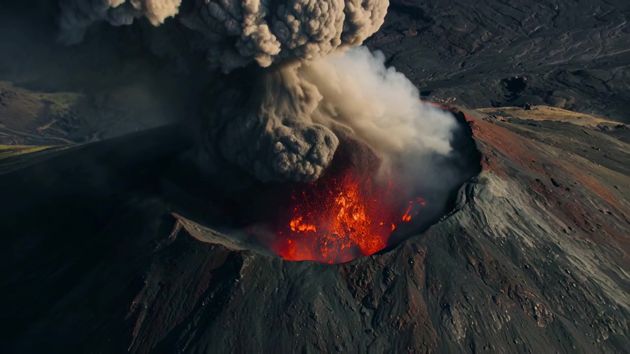 Lava incandescente erutta all'interno di un ripido cratere mentre fitta cenere e fumo si espandono sopra il bordo, oscurando gradualmente la bocca infuocata tra scuri pendii texturizzati in una vista elevata.