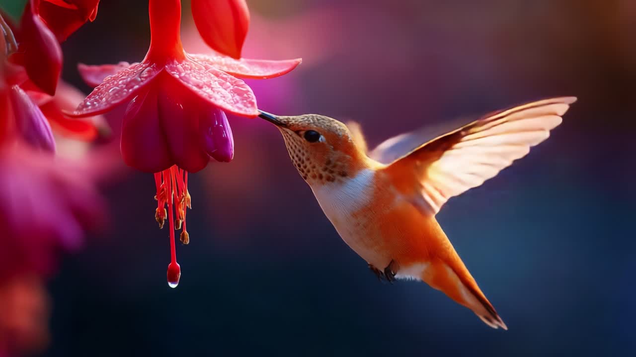 A Beautiful Hummingbird Feeding on Vibrant Flowers: Capturing Nature's Marvel of Pollination and Flight in Two Stunning Frames