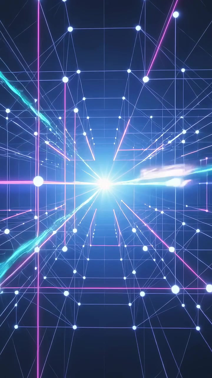 Vertical video: Emerging horizontal flare from central light drawing ribbons inward through 3D grid